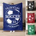 Soccer throw blanket displayed in blue with bold ball artwork and multiple color options shown