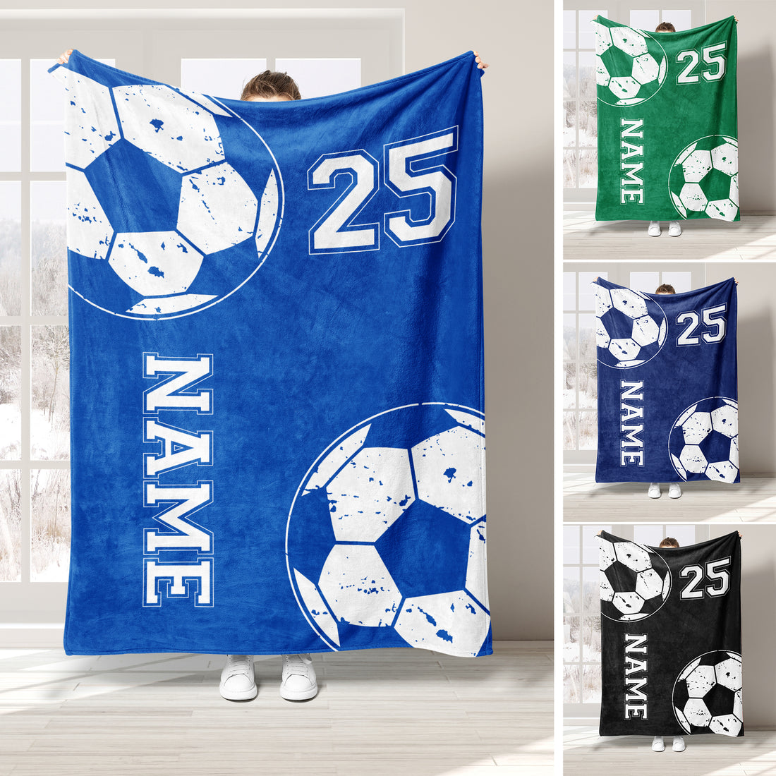 Soccer throw blanket displayed in blue, green, navy, and black color variations with ball graphics