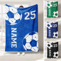 Soccer throw blanket displayed in blue, green, navy, and black color variations with ball graphics