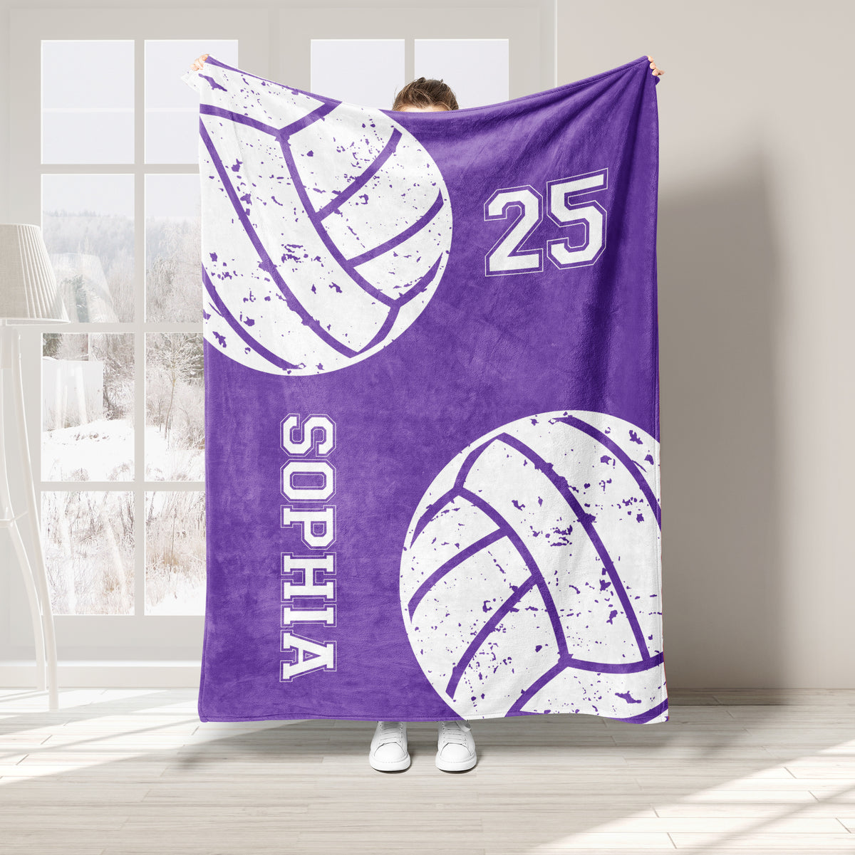 Purple volleyball throw blanket featuring distressed white volleyball graphics and athletic-style design