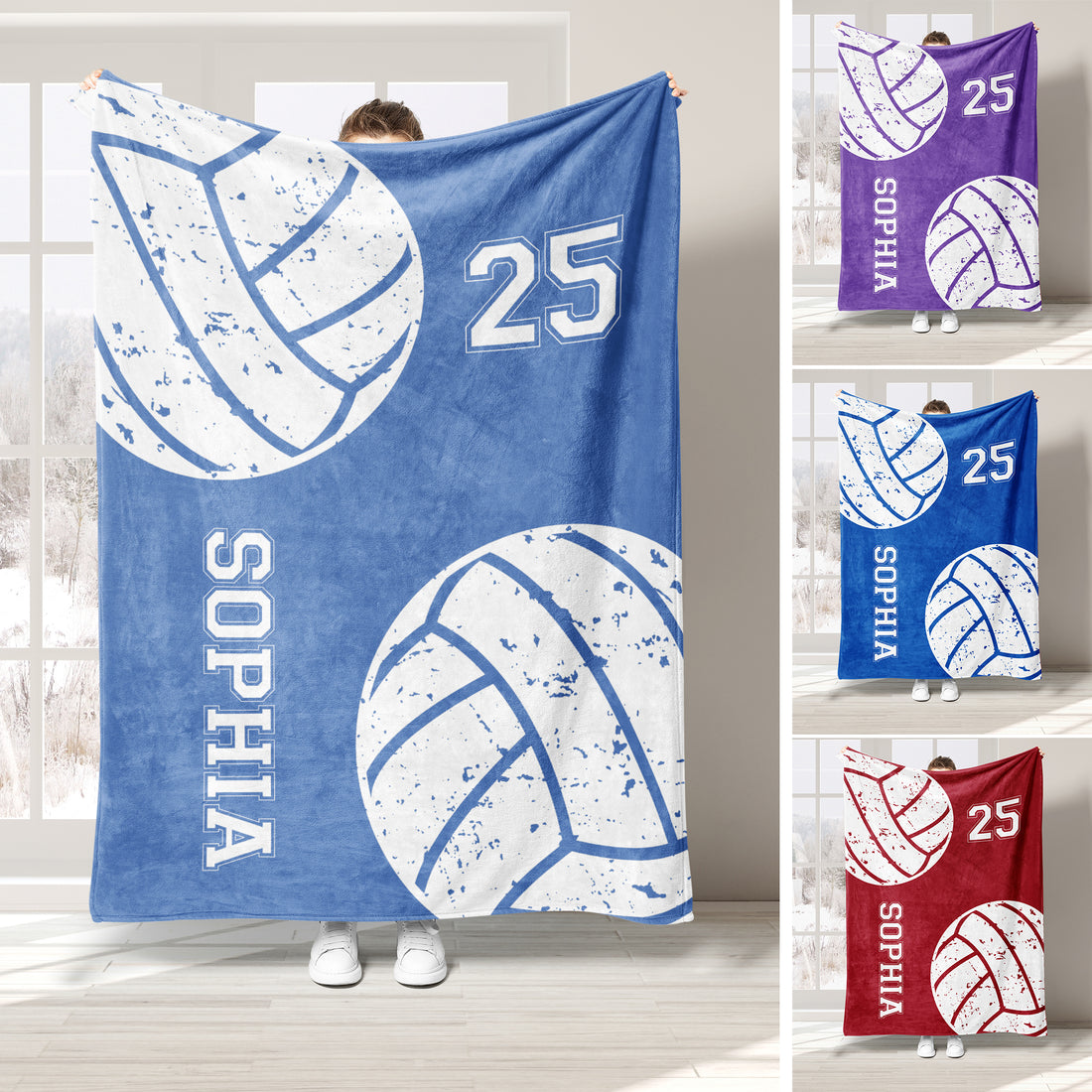 Custom volleyball throw blanket displayed in blue, purple, and red color variations with bold sports artwork