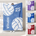 Custom volleyball throw blanket displayed in blue, purple, and red color variations with bold sports artwork