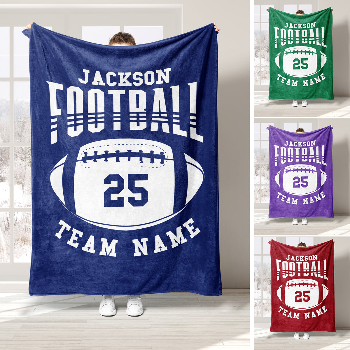 Football throw blanket displayed in multiple team colors with bold sports lettering and oval football artwork