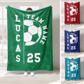 Soccer throw blanket with bold team-style typography, large soccer ball graphic, and green, red, blue, and teal color previews