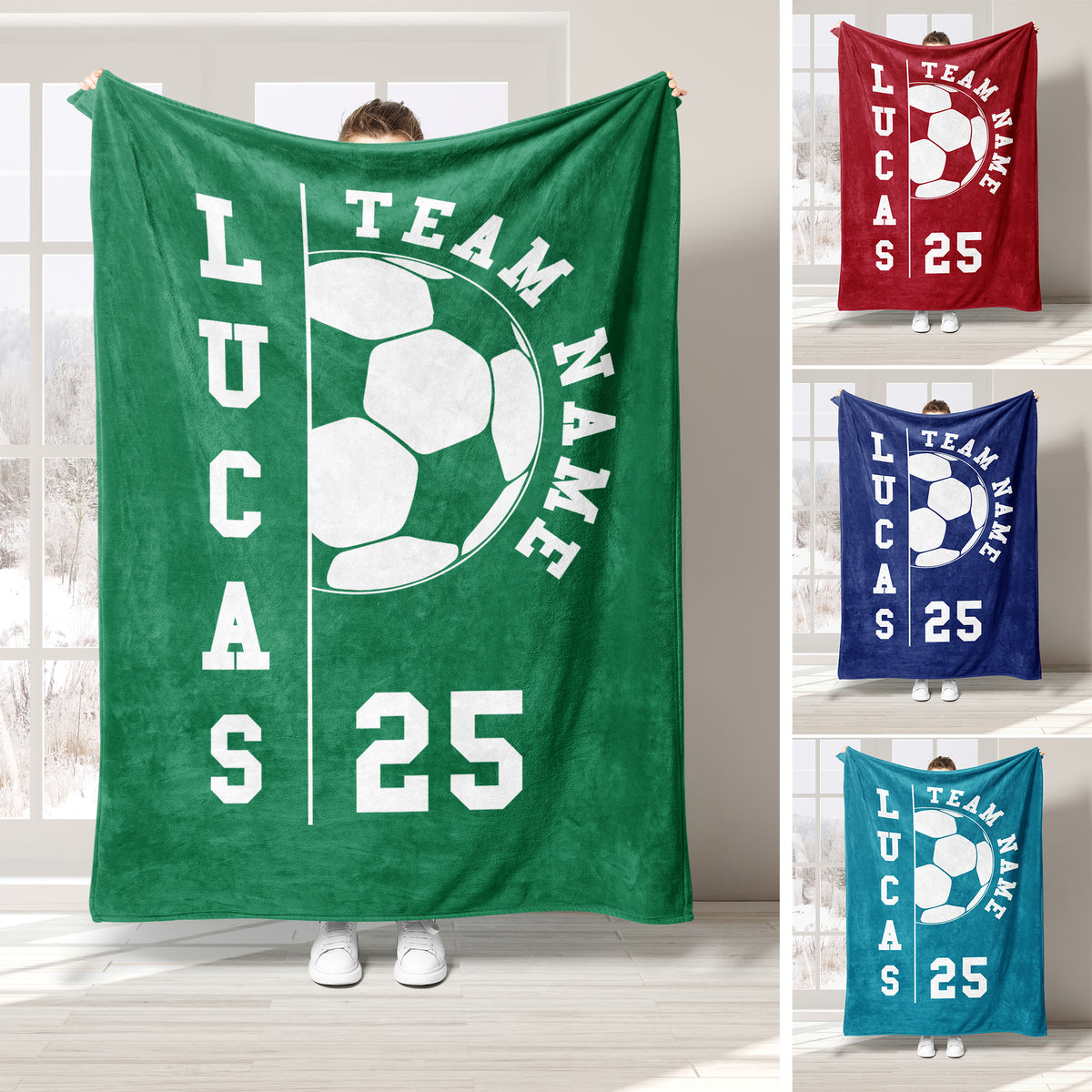 Soccer throw blanket with bold team-style typography, large soccer ball graphic, and green, red, blue, and teal color previews