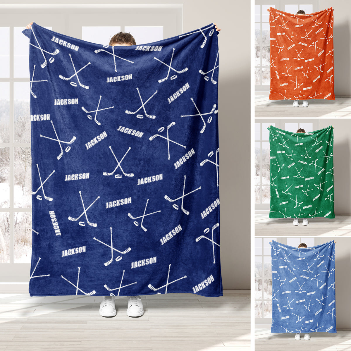 Navy hockey throw blanket displayed with repeating crossed sticks and puck artwork