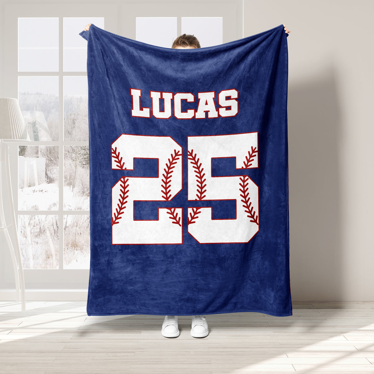 Navy blue baseball throw blanket with bold white jersey-style artwork and stitched baseball details