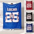 Custom baseball throw blanket shown in blue with jersey-style artwork and baseball stitching details