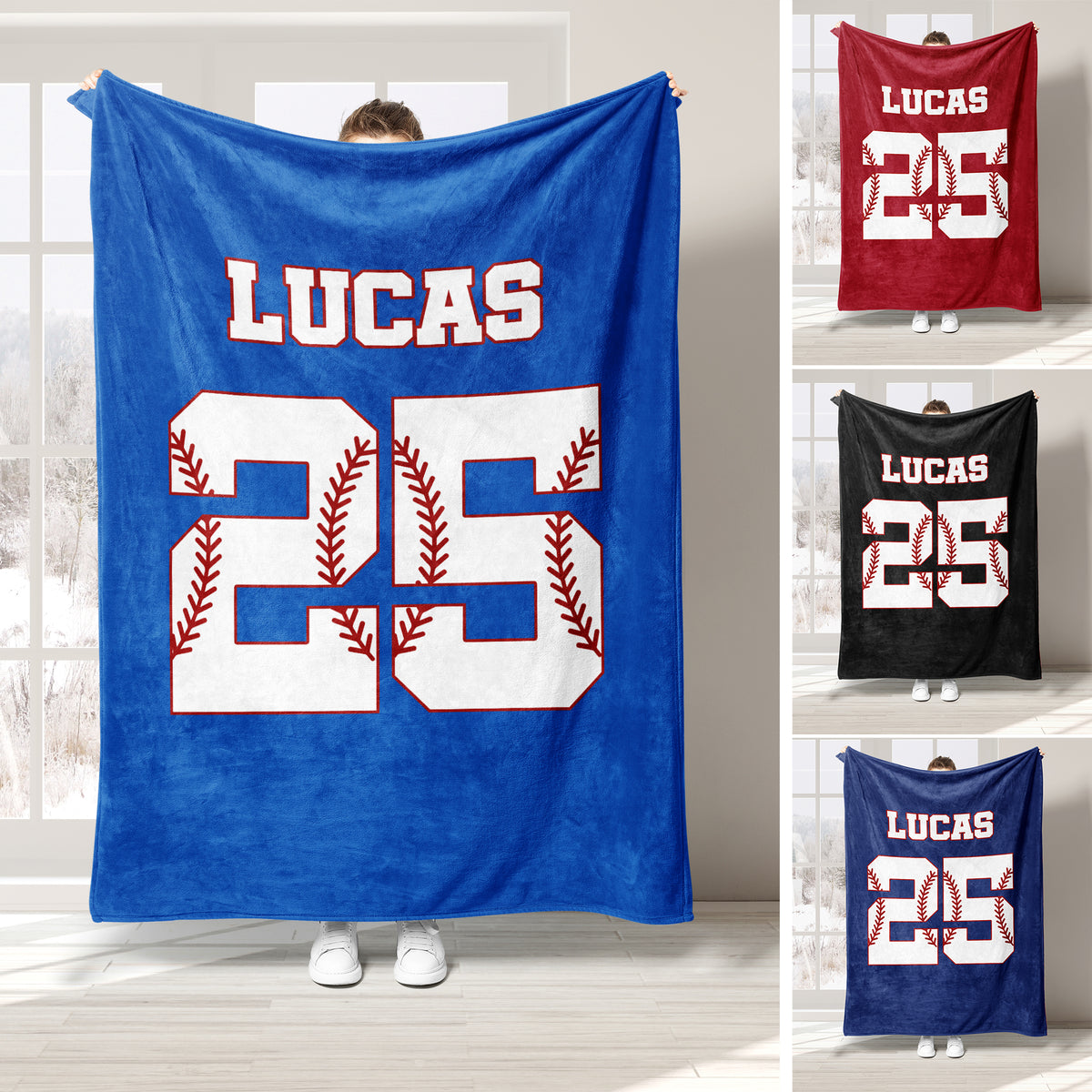 Custom baseball throw blanket shown in blue with jersey-style artwork and baseball stitching details
