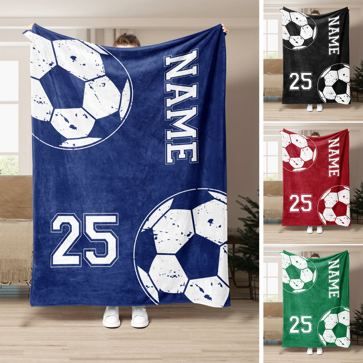 Soccer throw blanket with large ball graphics, bold team-style details, and blue, red, and green color options