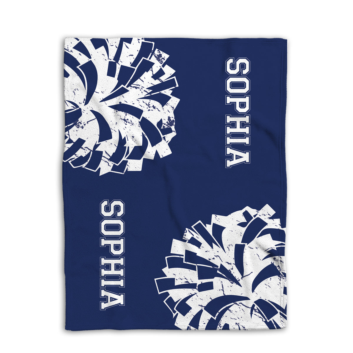 Blue cheerleading blanket shown flat with large white pom-pom graphics and athletic block lettering