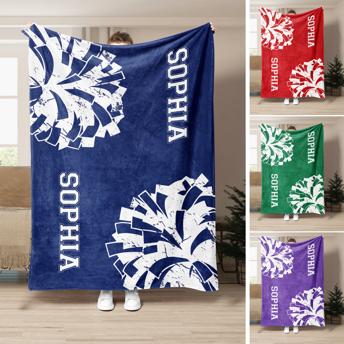 Cheerleading throw blanket displayed in blue, red, green, and purple color options with pom-pom artwork