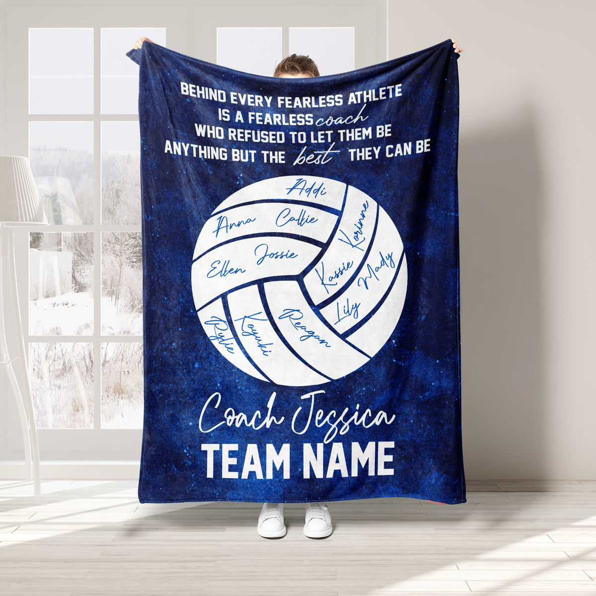 Blue volleyball throw blanket with white volleyball artwork and an encouraging coach theme