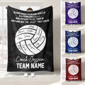 Custom volleyball throw blanket displayed in black, purple, blue, and red with team-focused artwork