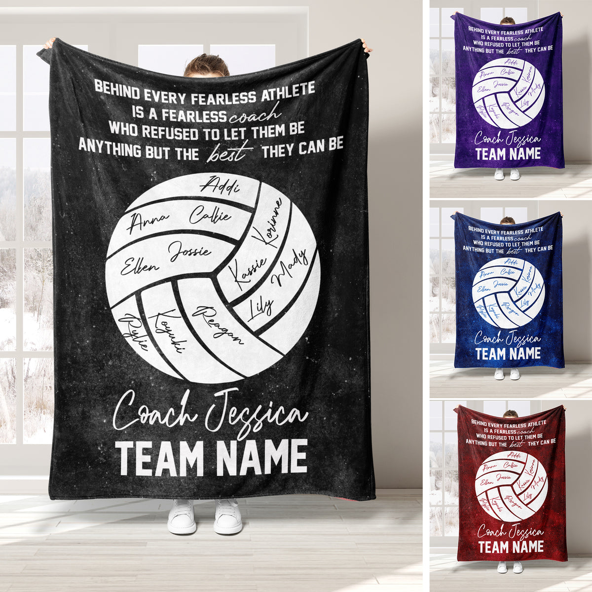 Custom volleyball throw blanket displayed in black, purple, blue, and red with team-focused artwork