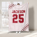 Red baseball throw blanket with pinstripes, stitched baseball details, and bold jersey-style sports artwork