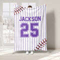 Purple baseball throw blanket with pinstripes, stitched baseball details, and bold jersey-style sports artwork
