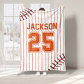 Orange baseball throw blanket with pinstripes, stitched baseball details, and bold jersey-style sports artwork