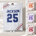 Baseball throw blanket displayed in multiple colorways with pinstripes, baseball stitching, and jersey-style artwork