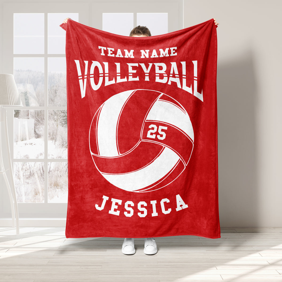 Red volleyball throw blanket with bold white ball artwork and sporty styling