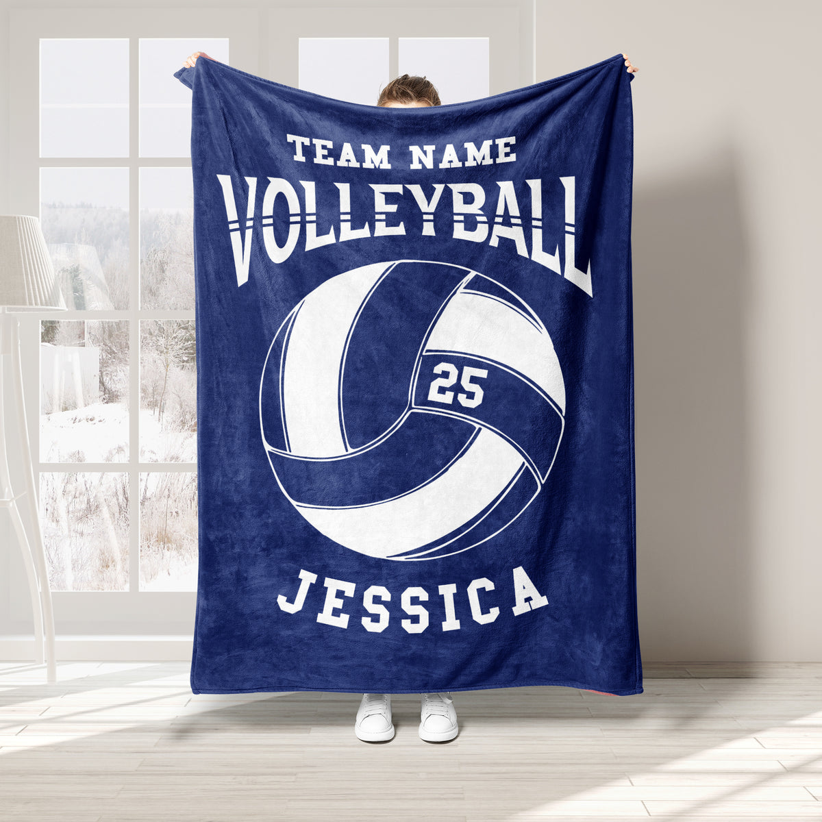 Navy volleyball throw blanket featuring a large white volleyball graphic