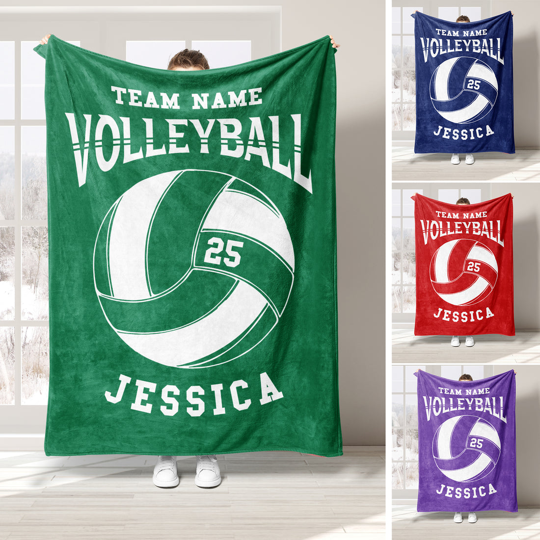 Green volleyball throw blanket with bold ball graphic and team sports design