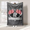 Red checkered flag racing blanket featuring bold number artwork and a black and white racing border