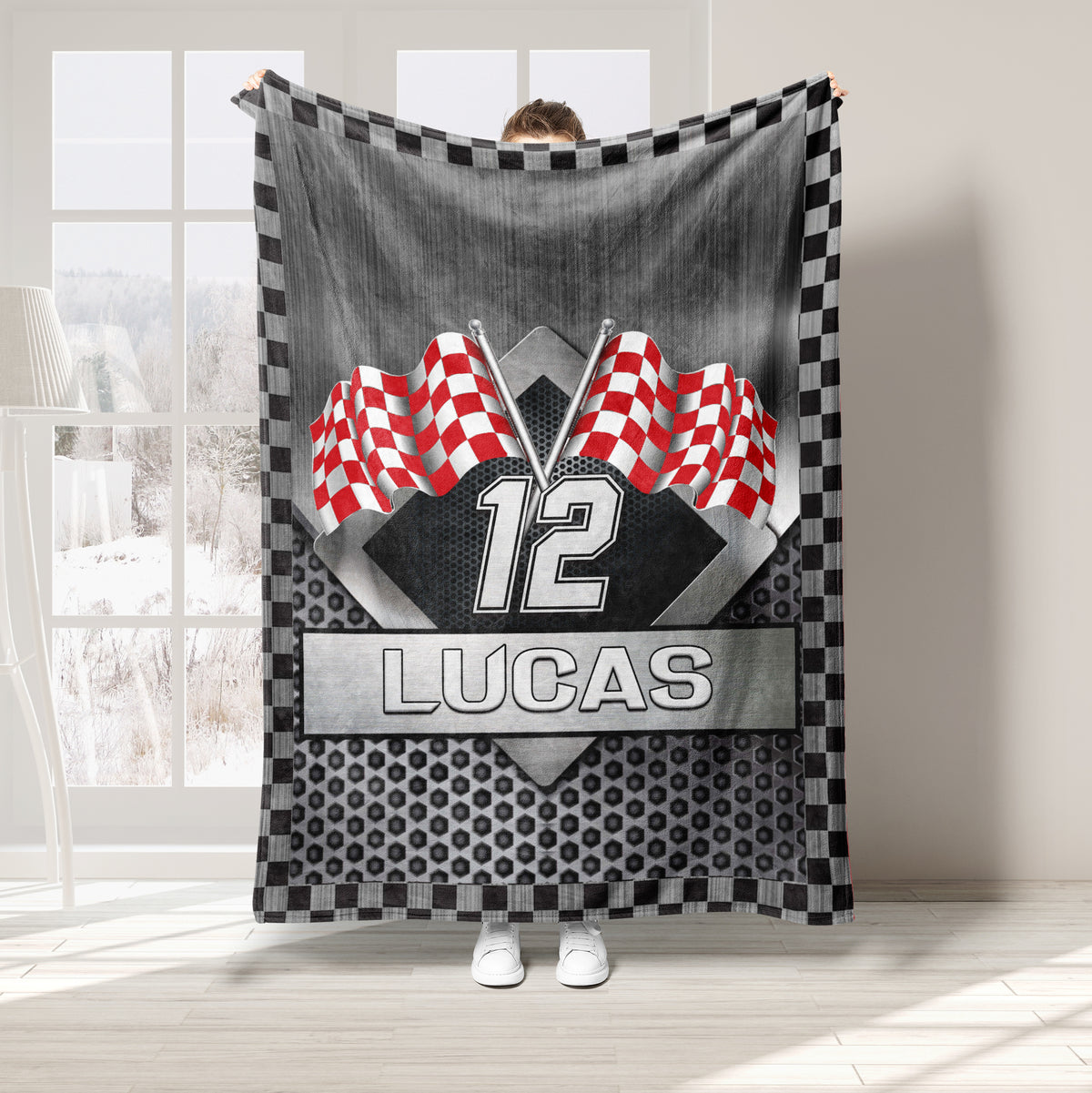 Red checkered flag racing blanket featuring bold number artwork and a black and white racing border