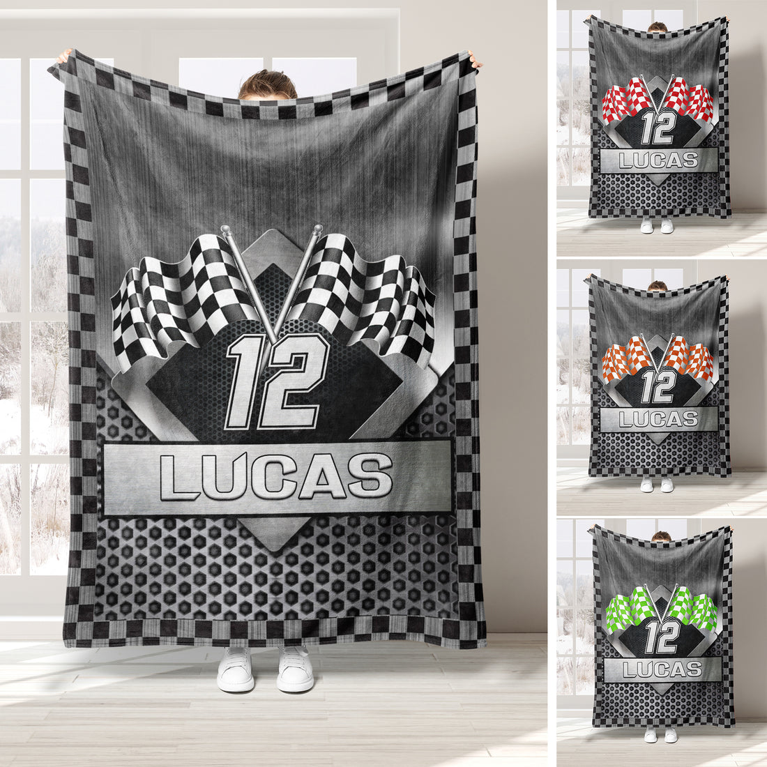 Custom racing throw blanket with checkered flags, racing number artwork, and black and white border