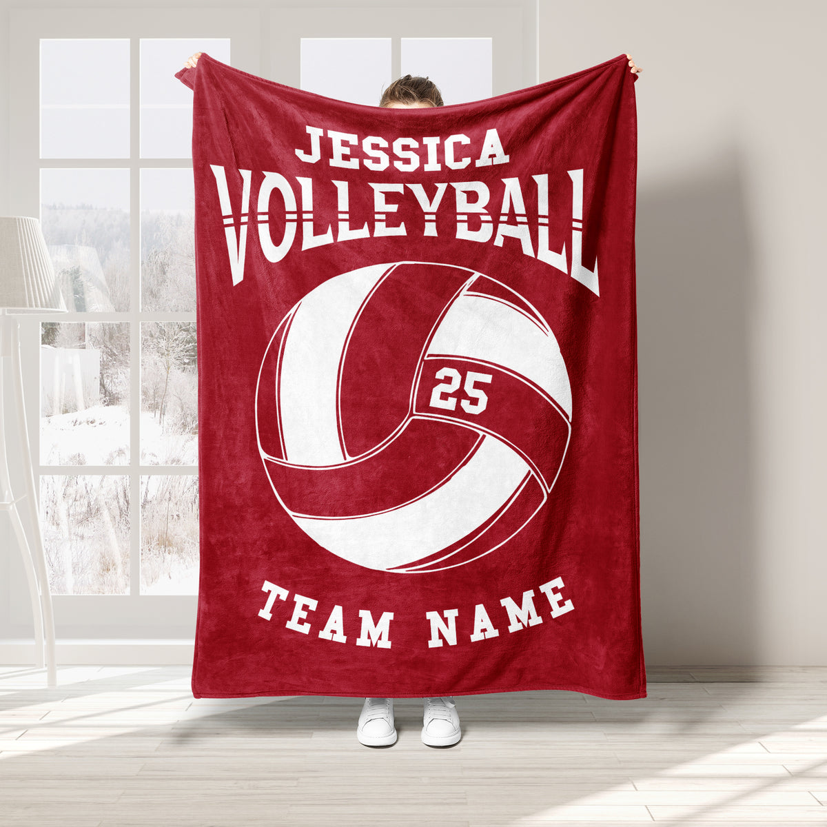 Red volleyball throw blanket displayed with large white volleyball graphic and sporty lettering