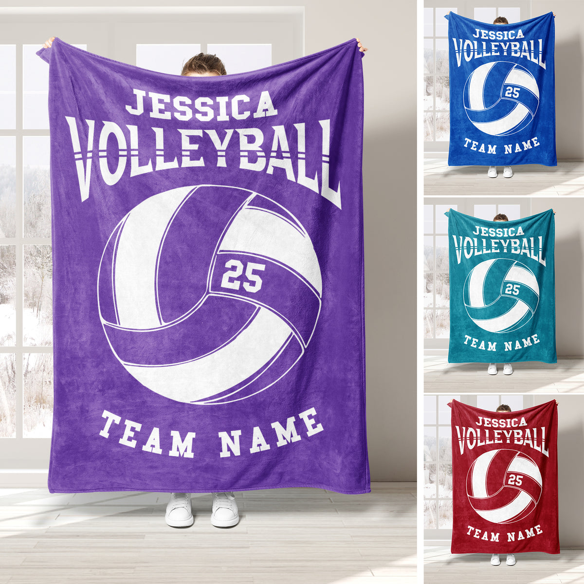 Volleyball throw blanket shown in purple with bold volleyball artwork and coordinated color variations