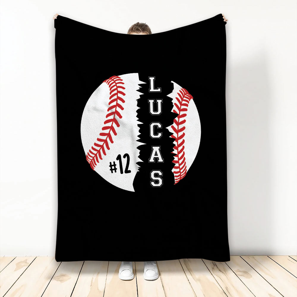 Black baseball throw blanket with bold white baseball graphic and red stitching