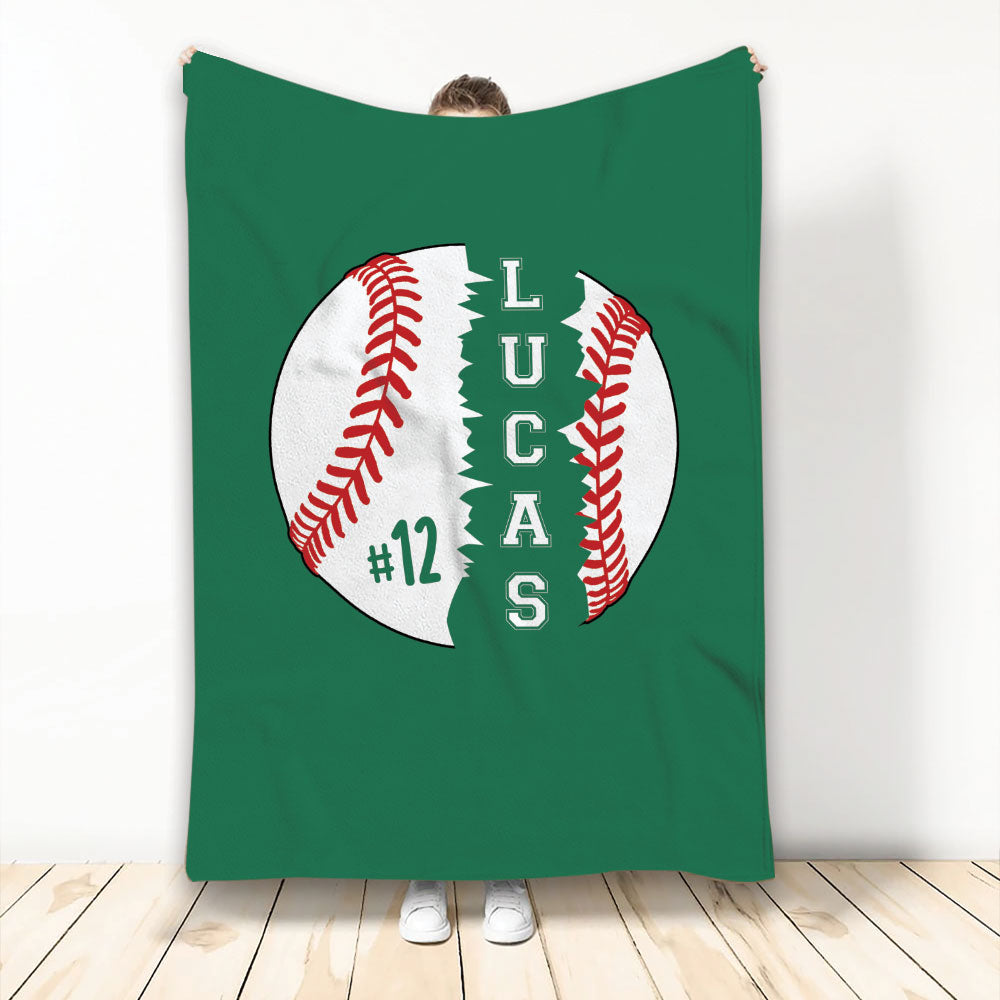 Green baseball throw blanket featuring a bold white baseball and red stitching