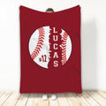 Red baseball blanket with classic white baseball artwork and contrasting stitching