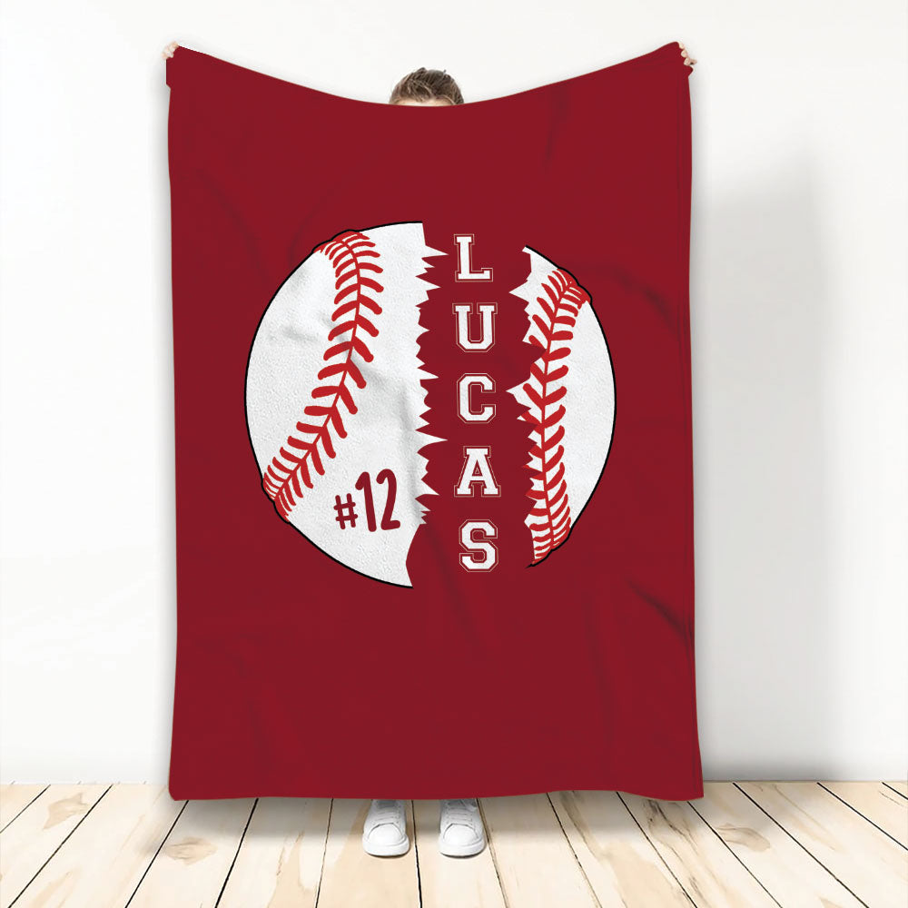 Red baseball blanket with classic white baseball artwork and contrasting stitching