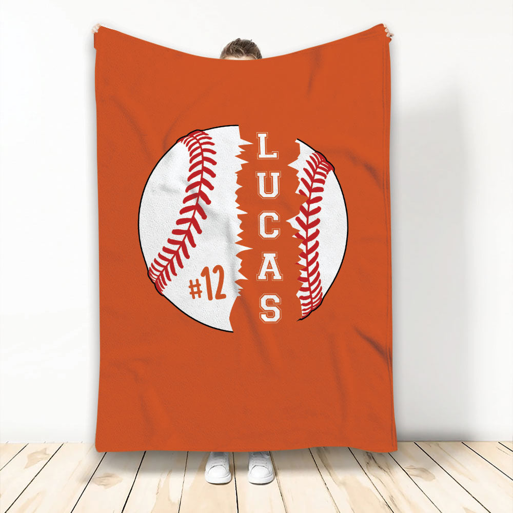 Orange baseball throw blanket displaying a large white baseball graphic