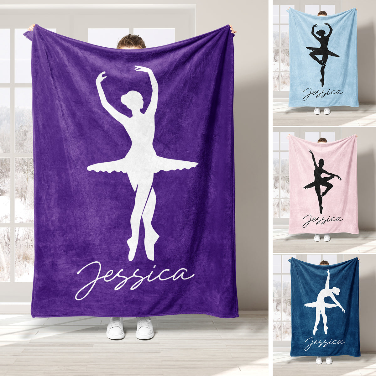 Ballet throw blanket collage featuring dancer silhouettes in purple, blue, and pink colorways