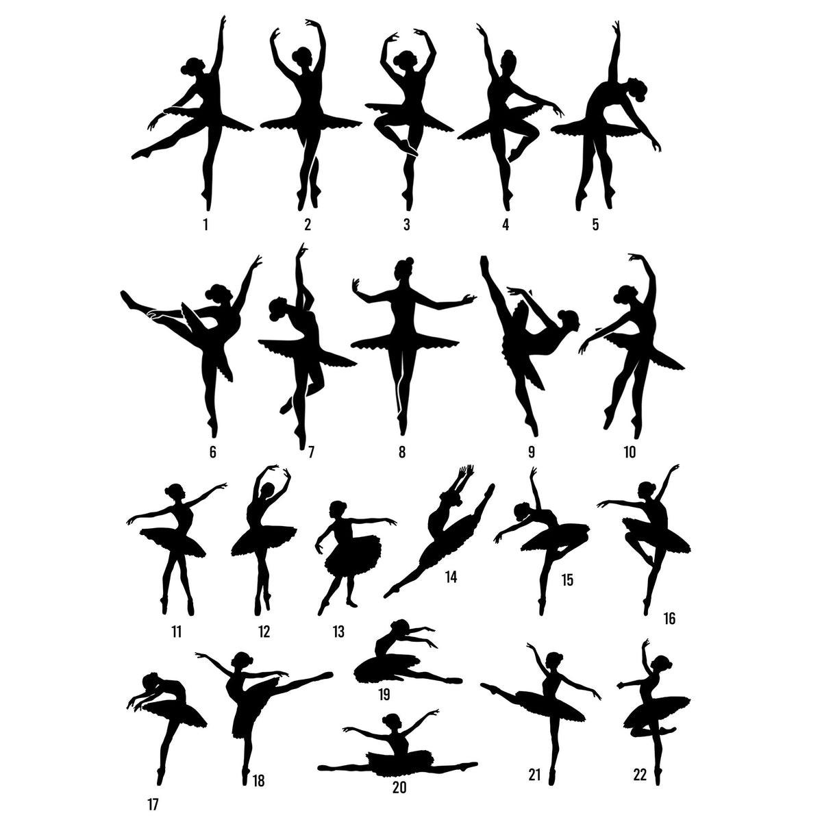 Ballet style selection guide displaying numbered ballerina silhouettes in varied dance poses