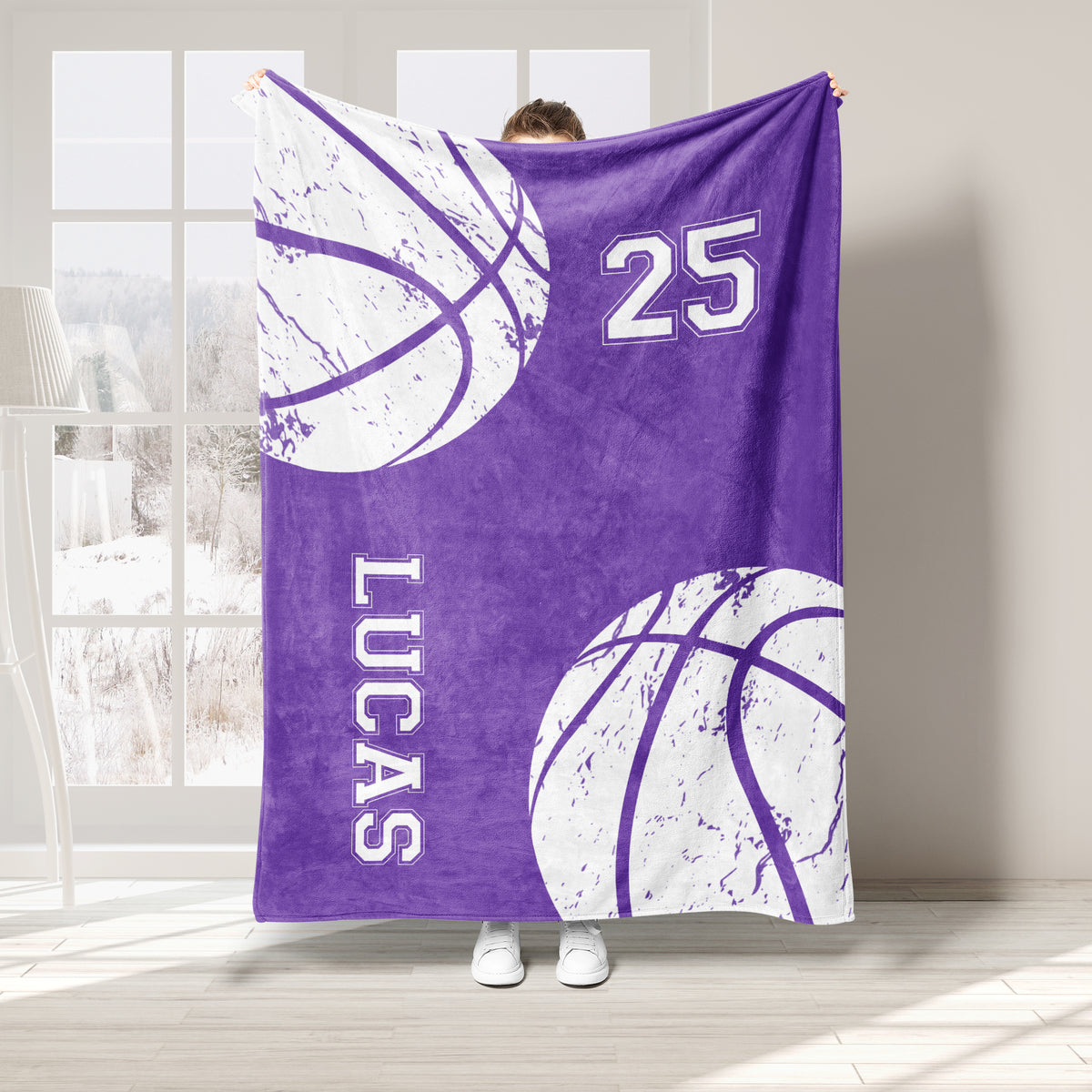 Purple basketball throw blanket displayed in a bright room with distressed basketball artwork