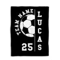 Black soccer blanket displayed flat with a centered soccer ball and bold athletic design