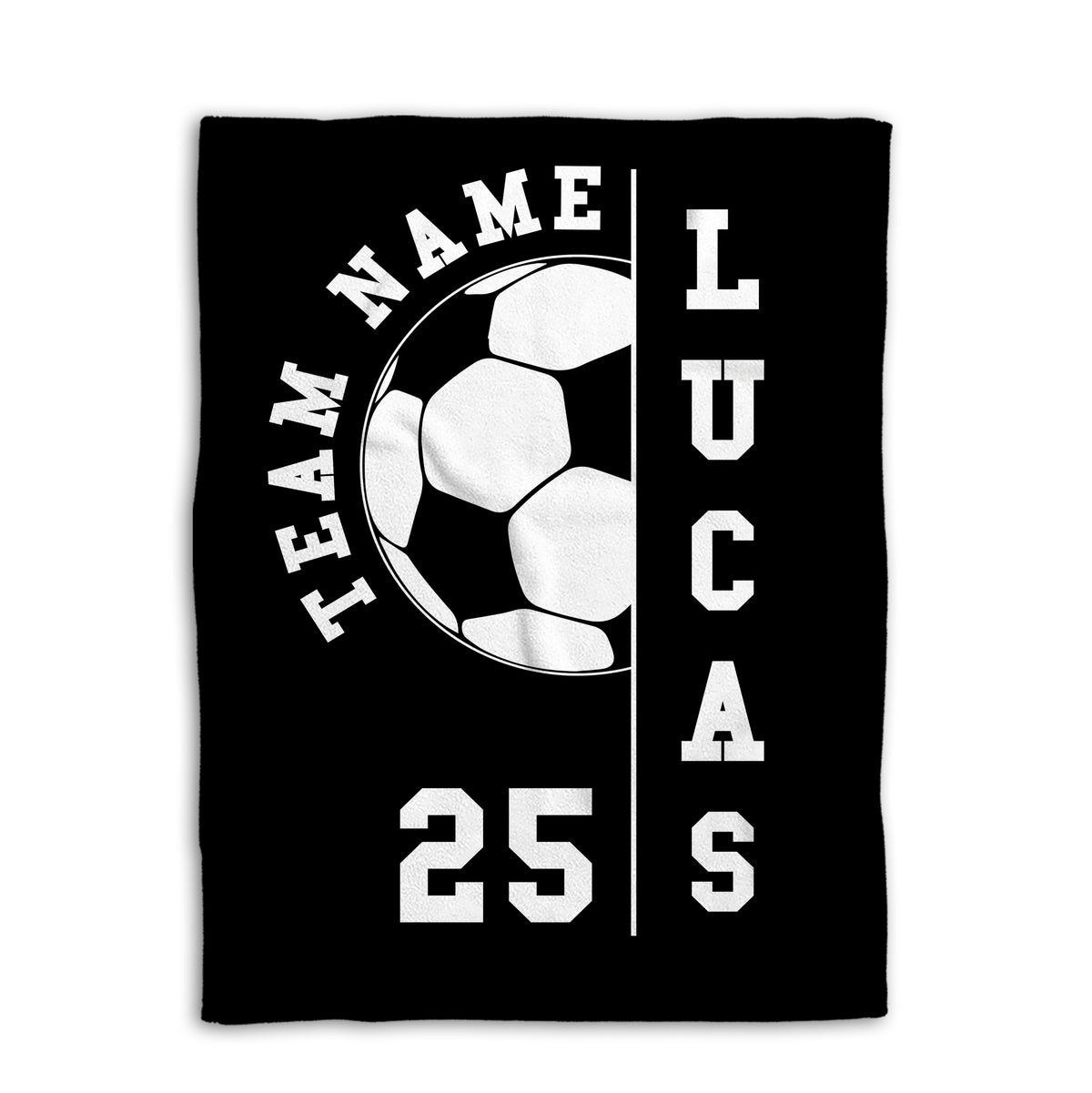 Black soccer blanket displayed flat with a centered soccer ball and bold athletic design