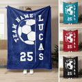 Soccer throw blanket shown in navy, teal, red, and black color options with bold ball artwork