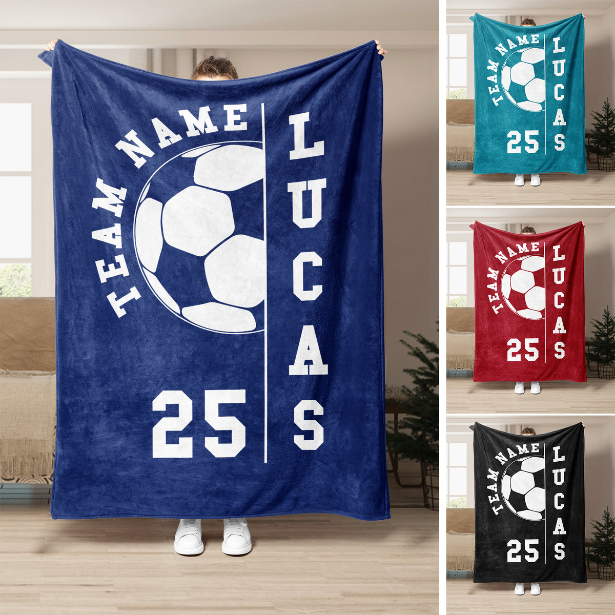 Soccer throw blanket shown in navy, teal, red, and black color options with bold ball artwork