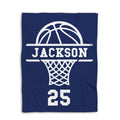 Navy basketball blanket shown flat with a bold white basketball and hoop design