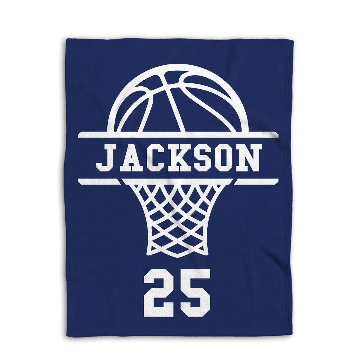 Navy basketball blanket shown flat with a bold white basketball and hoop design