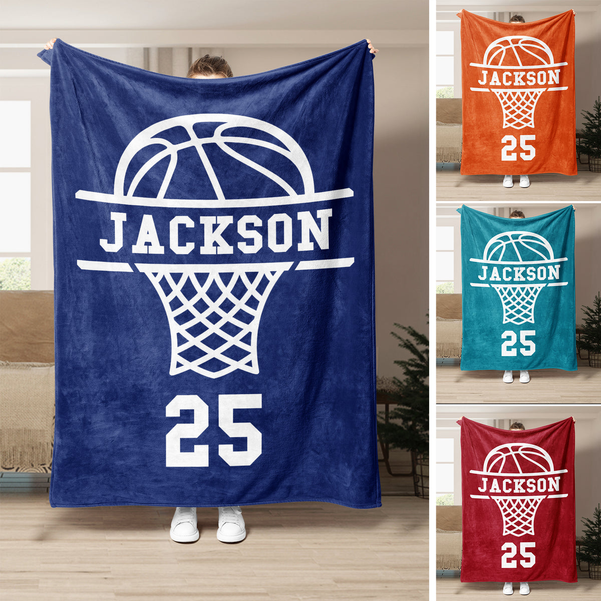 Basketball throw blanket with bold hoop graphic shown in navy, orange, teal, and red color options