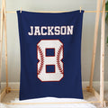 Navy baseball blanket hanging on a wooden display frame with classic baseball stitching artwork