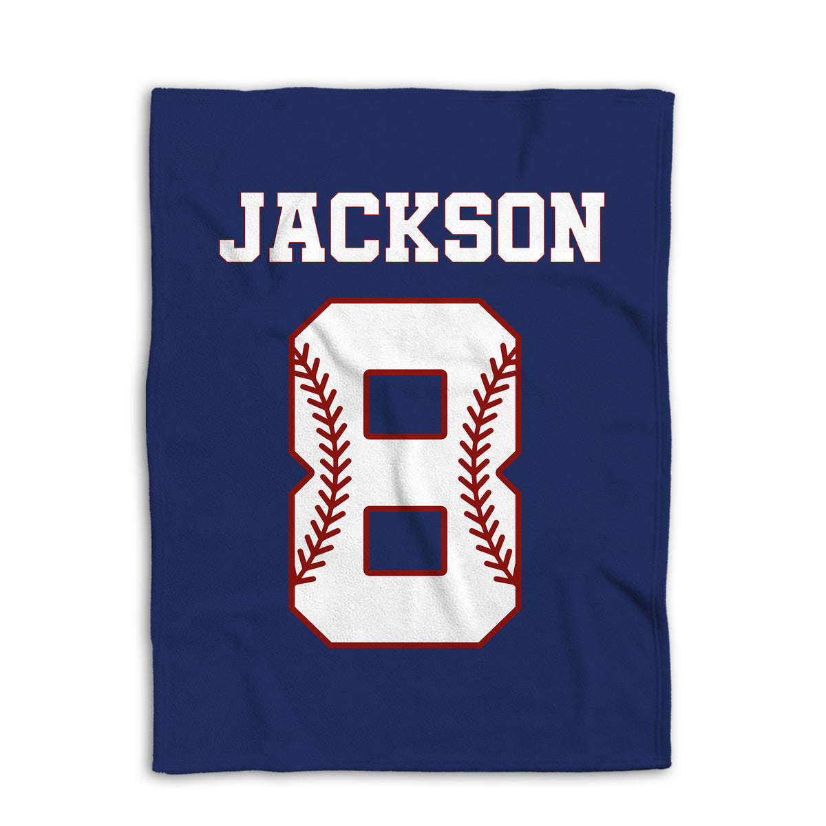 Navy baseball blanket displayed flat with a large white baseball-inspired graphic and red stitching details