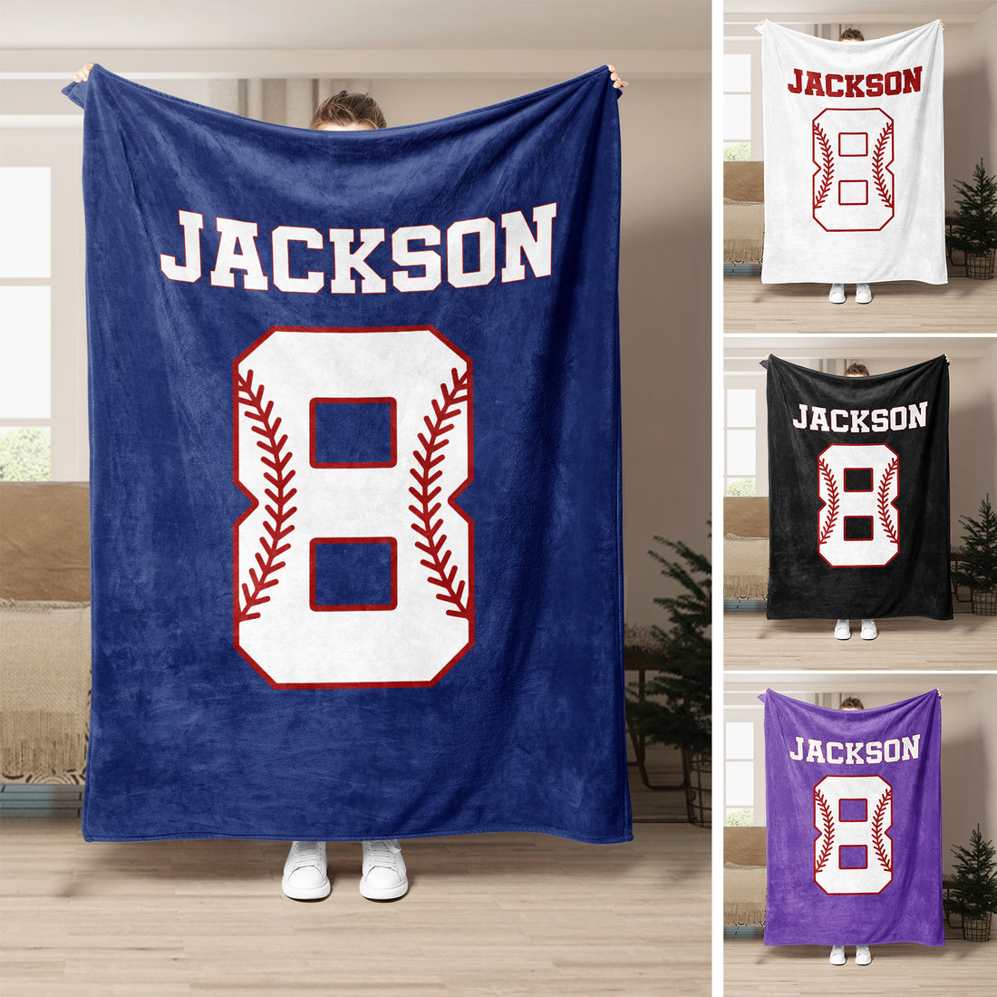 Baseball throw blanket collage showing bold sports typography, baseball stitching artwork, and multiple color options