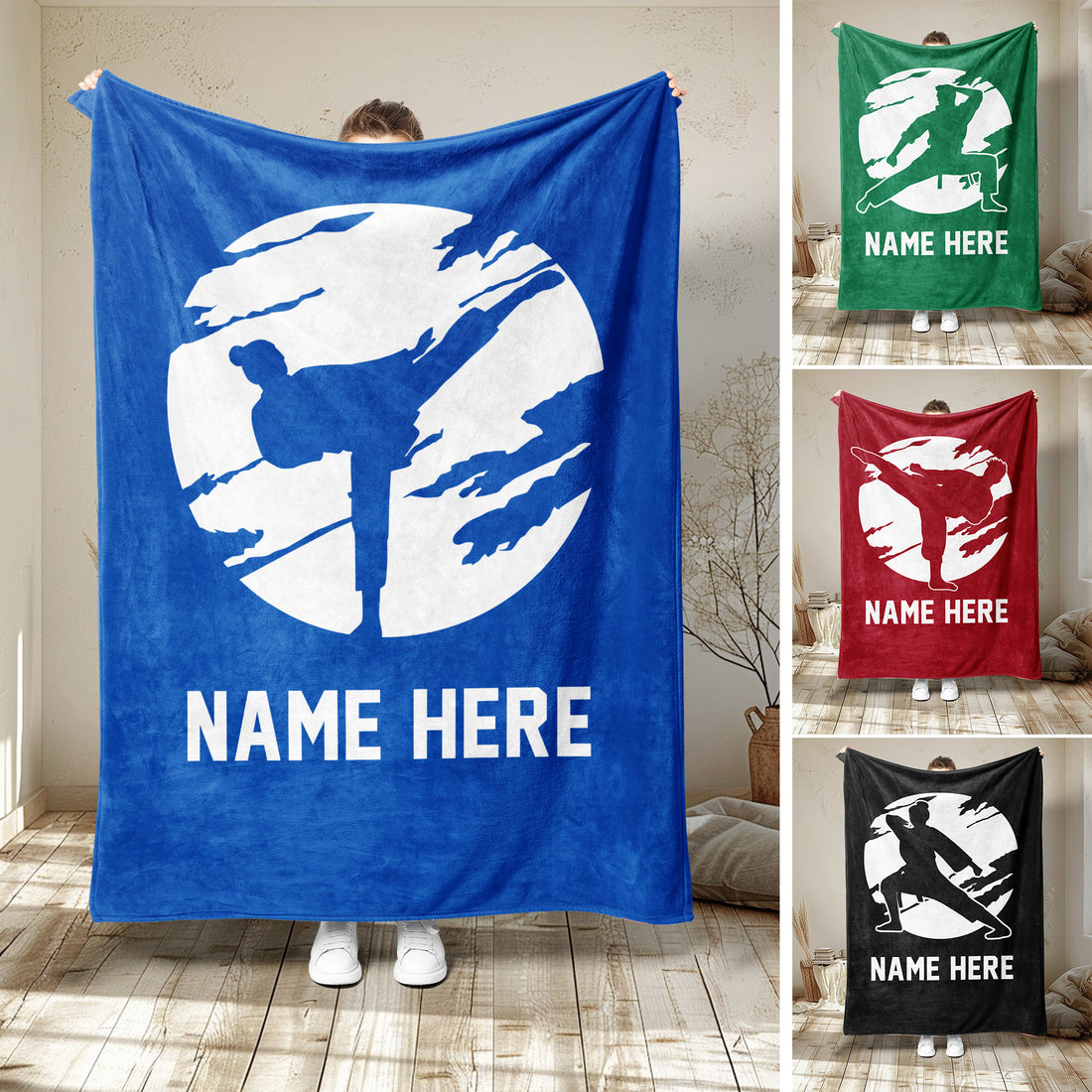 Blue karate throw blanket with a martial artist silhouette and bold white circular design